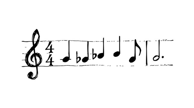 Musical notation set with handwritten staff featuring treble clef, quarter notes, eighth notes, and whole note with pencil sketch and vintage texture