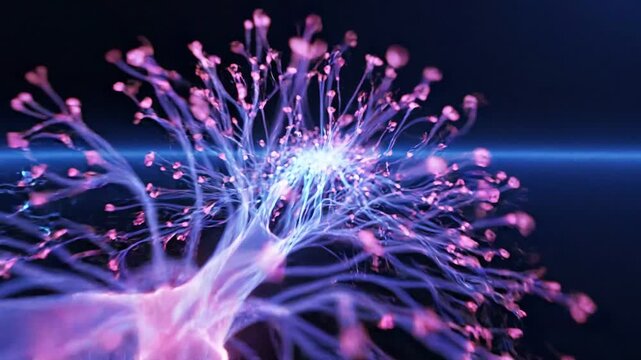 Bioluminescent neural network animation, glowing purple brain cells and synapses, abstract scientific data visualization of neurons