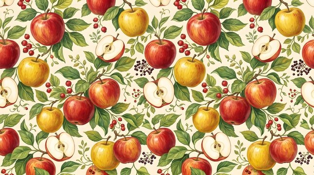 Seamless pattern of red and yellow apples with green leaves and berries, vintage botanical illustration style on a cream background