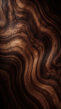 Dark brown wood grain pattern with wavy lines forms abstract background. Natural wood texture shows organic curves and deep shadows. Rich timber surface offers rustic, organic backdrop.