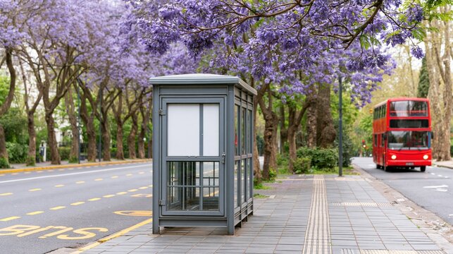 Red bus passes grey shelter under purple jacaranda