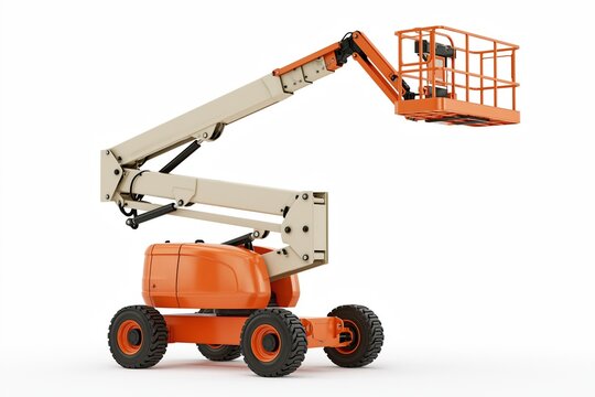 Orange and beige articulated boom lift on white