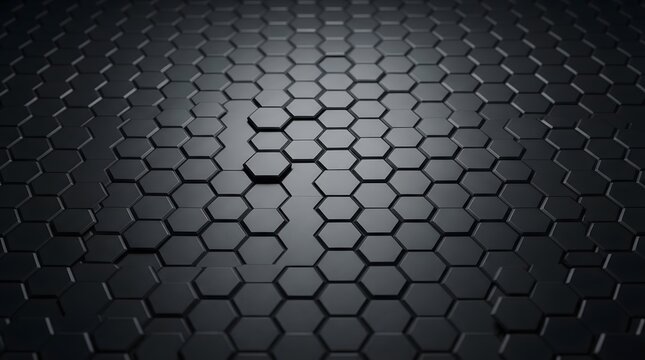 Dark metallic hexagonal pattern background with embossed geometric 3D honeycomb texture.