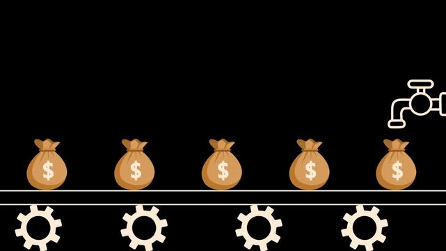 Flat animation of money bags on a line above gears with a faucet, Business money flow savings and financial growth animated, Money bags with gears and faucet animted