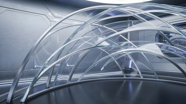 Abstract glass arcs on silver background, modern architectural structure design concept.