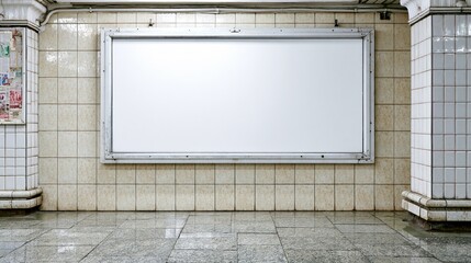 Naklejka premium Empty white billboard frame mounted on tiled wall