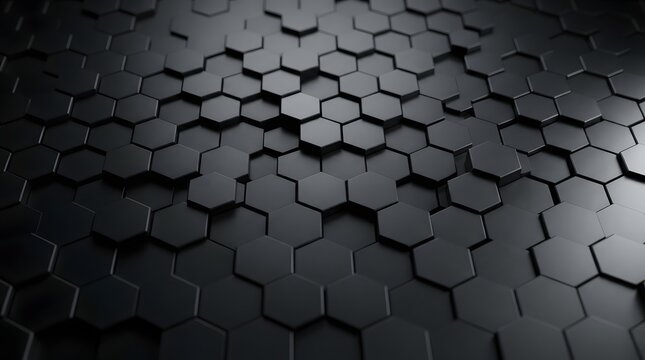 Dark graphite hexagon background with 3D geometric pattern and metallic texture.