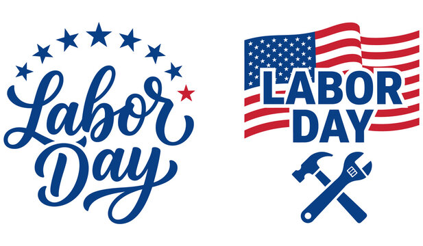Happy Labor Day banner with American flags crossed tools stars and custom lettering vector illustration graphic