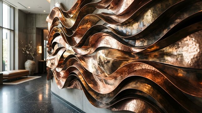 Abstract copper metal wall sculpture with flowing wave patterns in a modern hotel lobby.