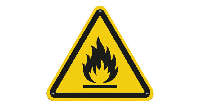 Yellow flammable warning sign vector graphic featuring black flames inside a triangular border symbol