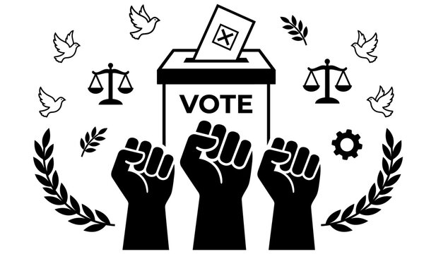 Raised fists voting concept with ballot box and justice scales outline vector illustration graphic design element