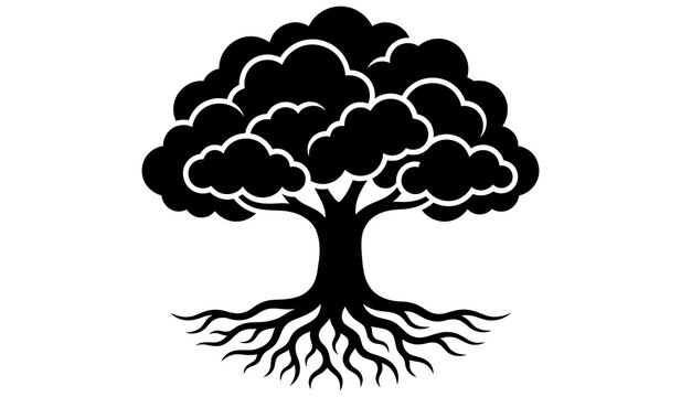 Strong oak tree with deep roots silhouette vector illustration isolated on white background graphic symbol design