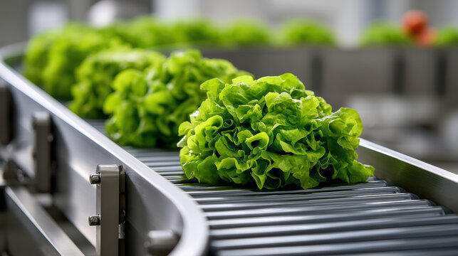 Fresh green lettuce moving on conveyor belt in modern food processing plant, showcasing healthy produce and industrial efficiency