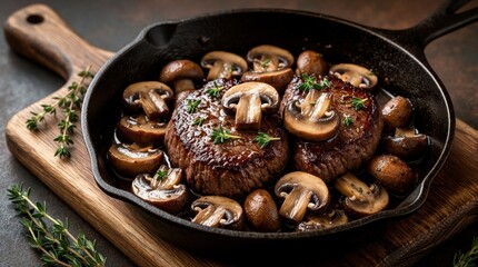 Fototapeta premium Juicy seared beef steaks with marsala sauce, mushrooms in cast iron skillet. Meat pieces cook in heavy pan on wooden board. Fresh thyme garnish makes hearty dinner meal look delicious. Gourmet food