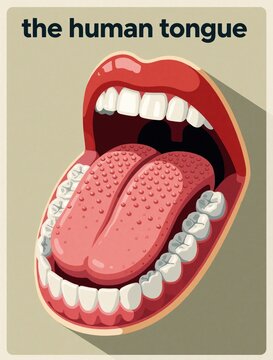Educational poster shows human tongue anatomy, oral cavity structure. Detailed medical illustration displays teeth, gums, pink muscle texture. Biology learning chart for science students dentist