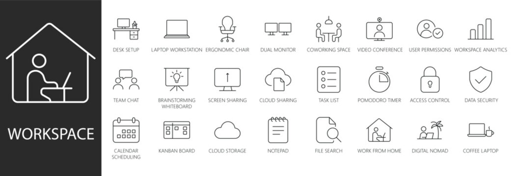 Modern workspace line icon set for remote work, business productivity, office setup, cloud storage, video conference, project management, and digital workflow design elements.