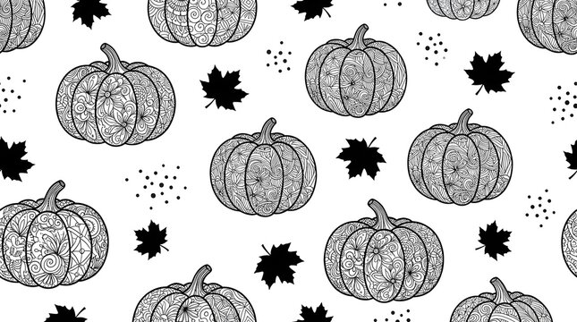 Seamless pattern with handdrawn zentangle pumpkins and maple leaves