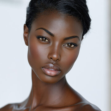 Elegant black woman portrait smooth skin natural makeup confident expression close up beauty fashion studio white background