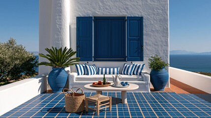Naklejka premium Blue and white terrace sofa with sea view