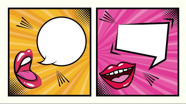 Animated comic book style motion graphics with red lips and speech bubbles on pop art backgrounds.