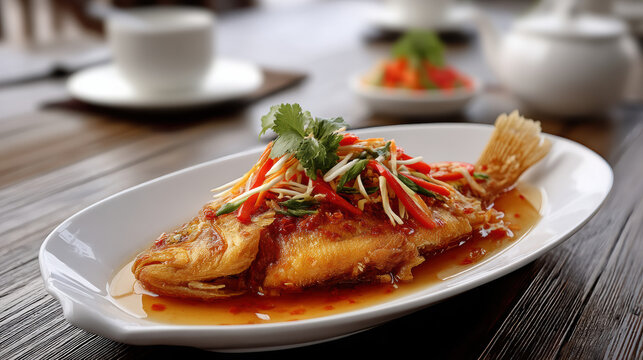 Crispy whole fish with sweet and sour sauce, garnished with chili, cilantro, and spring onion, served on white oval plate