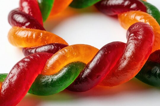 Brightly colored gummy worms twist together in a circle forming a fun pattern. These sweet, translucent candies have a shiny texture and look delicious.