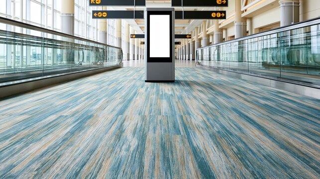 Modern airport terminal walkway with moving sidewalk and