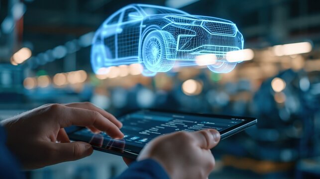 Hands holding tablet displaying holographic car design