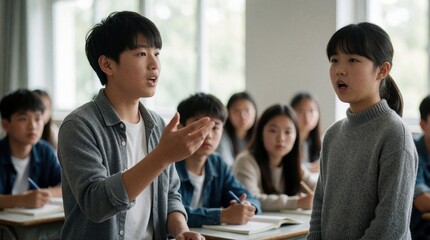Fototapeta premium Asian students participate in classroom discussion, one boy presents an idea while classmates listen intently. Education setting with attentive learners engaging in academic dialogue.