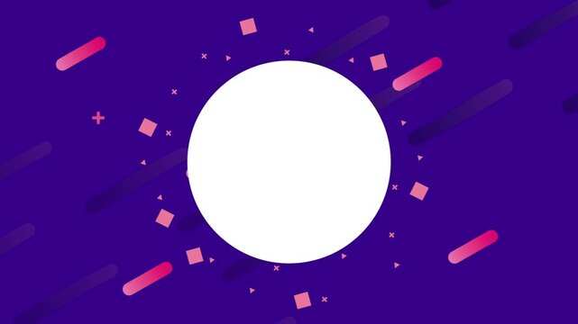 Abstract purple geometric motion background with white circle for logo placement and fluid shapes.