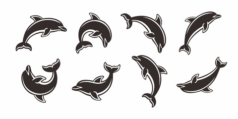 Dolphin silhouette doodle set for design element, logo, symbol of sea life theme. Cute jumping dolphins collection, black and white marine animal line art illustrations © Yusak