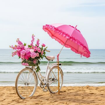A white vintage bicycle adorned with fresh pink flowers sits peacefully on a sandy beach under a matching pink parasol by the calm ocean, tranquil, nature, pastel