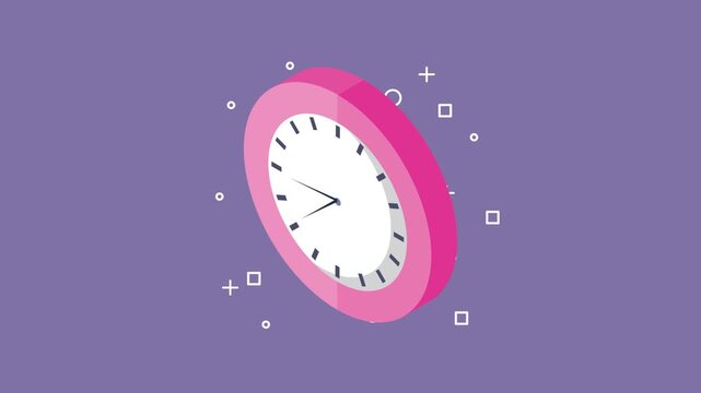 Isometric pink clock with rotating hands on purple background featuring motion graphics elements and modern flat design.