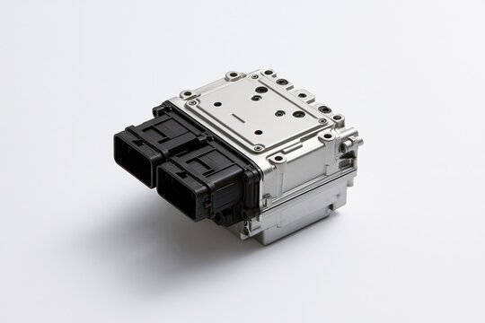 Close-up of silver electronic control unit with black