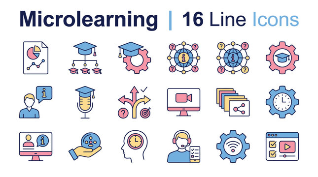 Set of eighteen colorful microlearning line icons for online education and digital training concepts