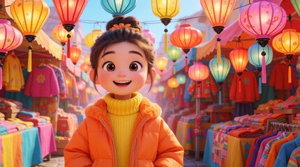 Naklejka premium Cute animated girl smiles happily in vibrant Asian market filled with colorful hanging lanterns, clothing stalls. Wears bright orange jacket, yellow sweater, enjoying lively festive atmosphere,