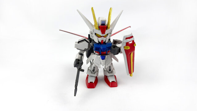 Kediri, East Java, Indonesia &ndash; August 26, 2026: Gundam Robot Model Figure with Shield and Weapon Displayed on White Background