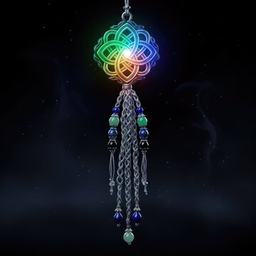 An ancient mystical amulet featuring an intricate glowing knot centerpiece with long decorative tassels hanging in a dark magical setting, ritual, fantasy, golden