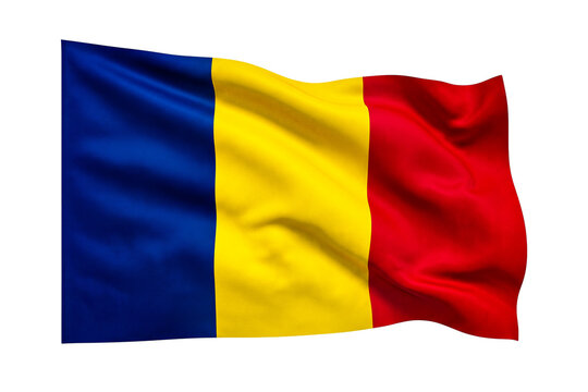 Waving flag of romania isolated on transparent background with realistic fabric detail ren.