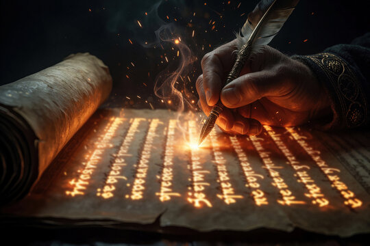 Wizard inscribes ancient scroll with glowing magical runes. Hand writes with quill pen, sparks fly from enchanted text. Mystical document appears with arcane symbols, powerful magic unfolds.
