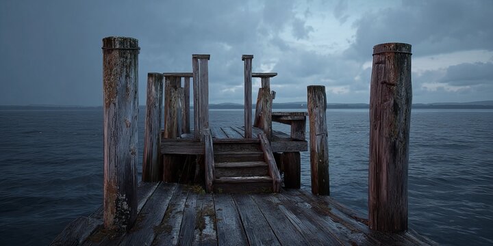 Eerie solitude - A lone figure on a weathered wooden pier.