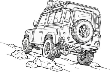 Fototapeta premium Outline Illustration of a Rugged Four Wheel Drive Vehicle Climbing Over Rocky Terrain for Off Road Adventure