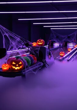 Atmospheric bowling alley decorated for Halloween with eerie neon purple lighting, thick fog, spider webs, and glowing carved pumpkins, haunting, celebration, neon