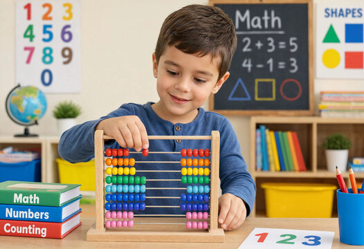 Young boy smiles while using colorful abacus