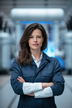 Confident female electrical engineer in blue coverall stands with arms crossed in modern industrial facility, professional and focused
