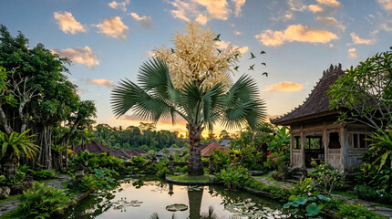Fototapeta premium Blooming palm tree with hummingbirds soaring above tranquil pond inside traditional Balinese garden at golden sunset