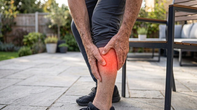 Faceless senior man holding painful calf muscle with glowing red cramp highlight standing on outdoor patio