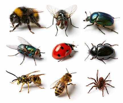 Nine insects arranged in a grid on white