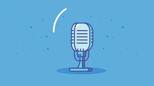 Retro condenser microphone animation on blue background with floating particles.