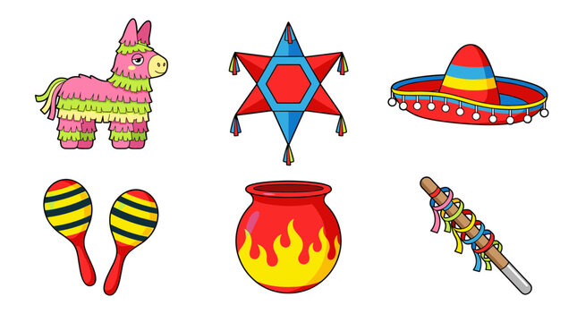 Mexican fiesta celebration items with pinata sombrero maracas and fire pot